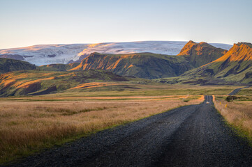 Typical Icelandic landscape at the end of the day, some sheeps wandering accross the dirt road, glacier in the back, South Iceland