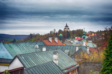 View of New castle in Banska Stiavnica,Slovakia.Autumn season.
