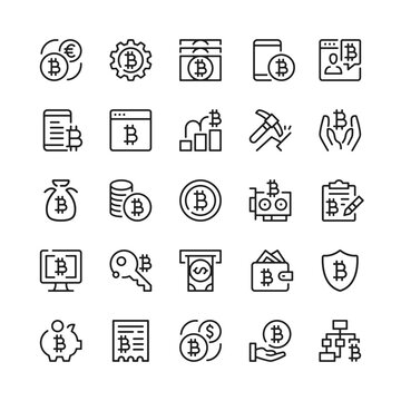 Bitcoin line icons. Outline symbols. Vector line icons set