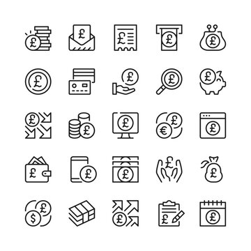 Pound line icons. Outline symbols. Vector line icons set