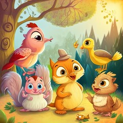 Naklejka premium Animals fairy tale. Illustration for the children. Cute and funny cartoon characters. Storyboard illustration. Story collection.