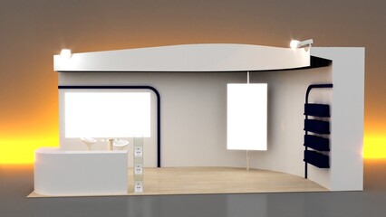 Exhibition stand mockup and flat used for branding and Corporate identity. Trade show event fair stand isolated. 3d rendering.