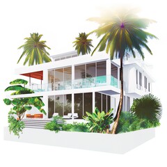 Trend Modern House, Tropical Inspired, 3D Rendering Isolated, White Background.