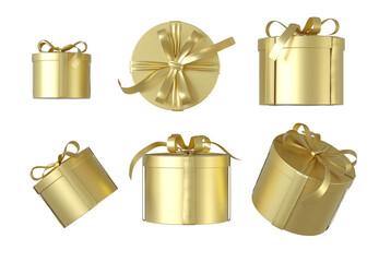 Golden gift box with golden color ribbon luxury set isolate on white background. 3D Rendering	