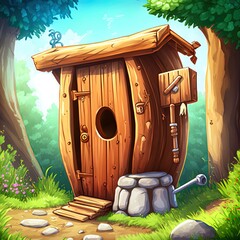 Naklejka premium Rustic wooden outdoor toilet in cartoon style