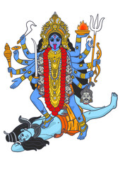 Kali Mother Goddess, Goddess of War, Anger, Hindu illustration. - obrazy, fototapety, plakaty