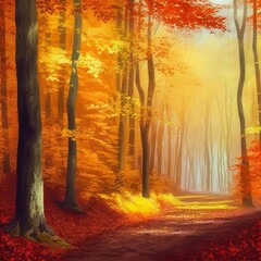 Autumn forest scenery. Orange leaves on the trees. Fall nature landscape.