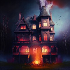 Burning victorian style house at night. high contrast image. 3d Rendering, illustration