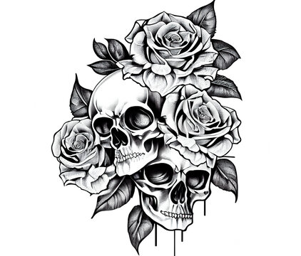 Skull and Flowers Day of The Dead, Vintage illustration. Elegant tattoo design. Gothic style, boho design. Digital illustration for t shirt, prints, posters, postcards, stickers,	tattoo