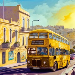 Fototapeta premium Il Mellieha, Malta Beautiful skyline view of Mellieha town with an old yellow bus on route to Mellieha Bay on the maltese island of Malta