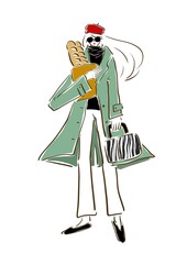 Woman in coat with French bread.