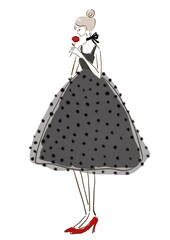 This is a girl in a party dress holding a rose.