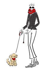 Woman walking a small dog.