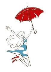 Woman jumping with umbrella.