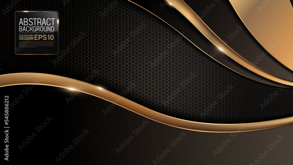 Sticker gold curve line on black luxury background, image abstract, overlap layer shadow gradients space com