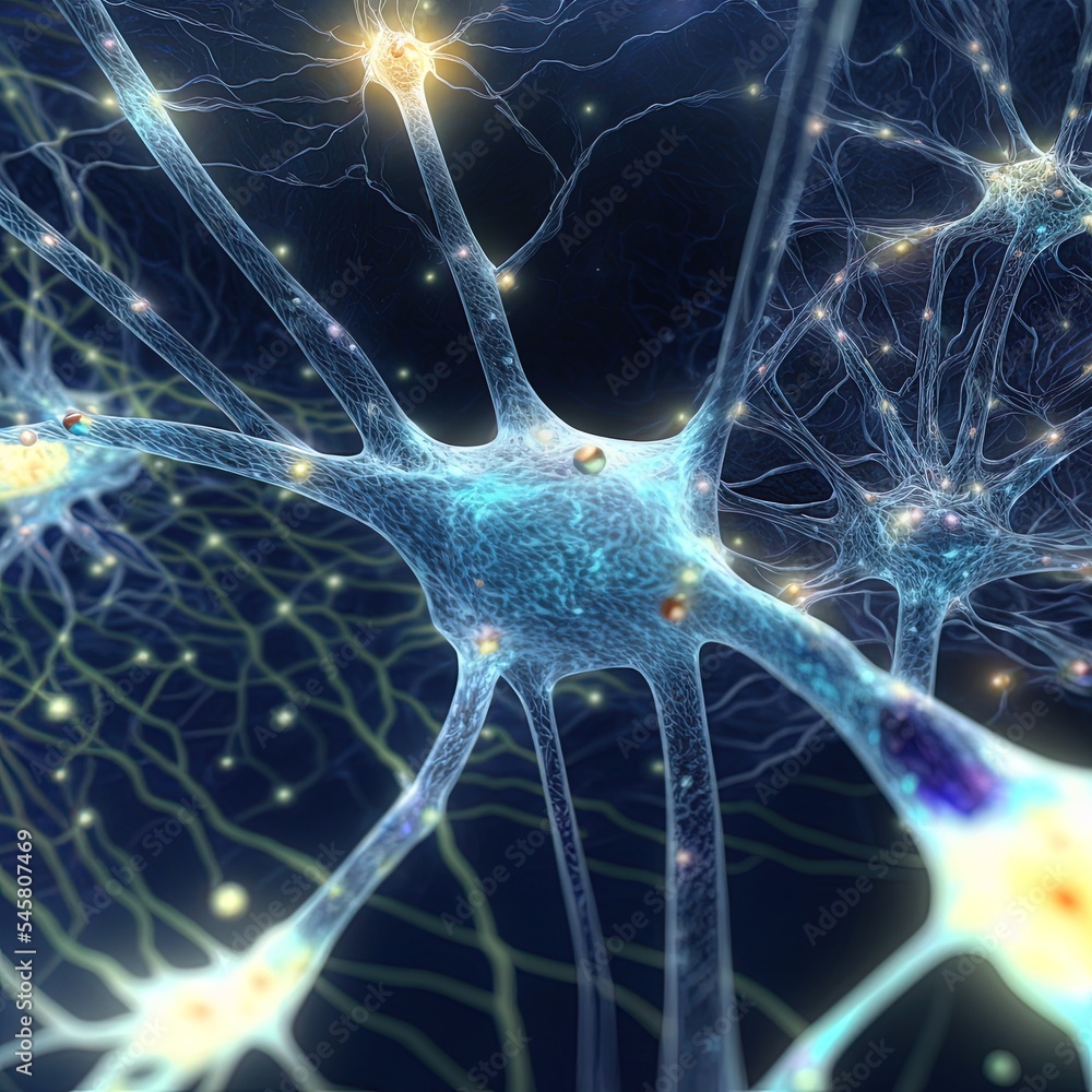 Poster 3d rendering of a network of neuron cells and synapses through which electrical impulses and dischar