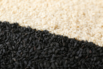 Black and white sesame seeds as background, closeup