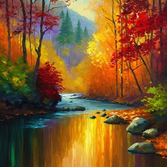 Oil painting landscape colorful autumn forest, beautiful river