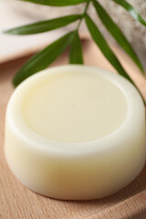 Dish with solid shampoo bar, closeup view