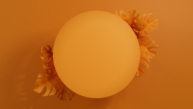 Monstera Plant Border forms Orange, Trendy Design. Circle Botanical Frame with copy-space.