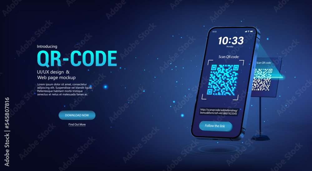 Aufkleber Scanning the QR code through a smartphone at the stand. Verification QR code. Concept following a link. 3D smartphone scans the barcode from the stand, receives a link. Vector banner barcode concept