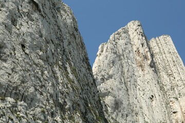 Picturesque landscape with high mountains under blue sky outdoors