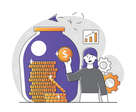woman holding coin near money jar clip art preview