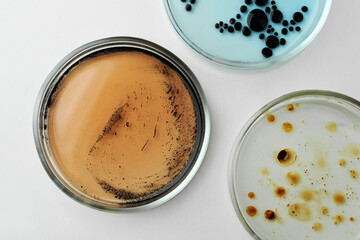 Petri dishes with different bacteria colonies on white table, flat lay