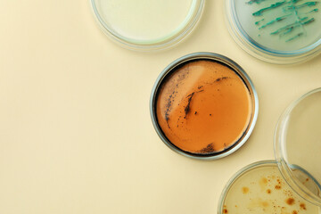 Petri dishes with different bacteria colonies on beige background, flat lay. Space for text