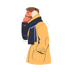 Man freezing wearing warm jacket, scarf and earmuffs. Guy trying to warm during winter or autumn season cartoon vector illustration