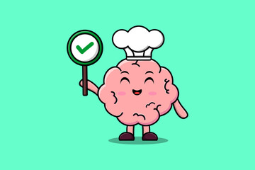 Cute cartoon Brain chef character holding correct sign board in vector character illustration