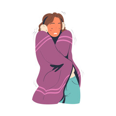 Young woman freezing and shivering wrapped in blanket. Girl trying to warm during winter or autumn season cartoon vector illustration