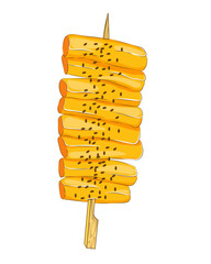 Popular street Korean food is rice cakes tteokbokki in a bowl with hot sauce. Sketch of a vector illustration