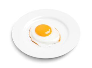 Plate with delicious fried egg isolated on white
