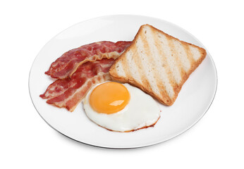Plate with delicious fried egg, bacon and toast isolated on white