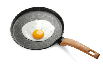 Tasty cooked chicken egg in frying pan isolated on white