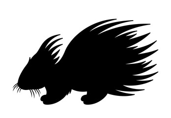 Dark silhouette of porcupine. Educational materials for children, training and learning. Nature and fauna, biology. Poster or banner for website, graphic element. Cartoon flat vector illustration