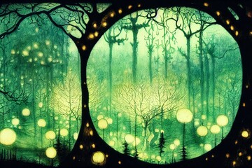 Stylized Painting of an Art Nouveau Forest. Circle Trees Framing a Space for Text. (3D Digital Illustration, Fantasy Sci-Fi Background, Holiday Greeting Card, Invitation, Postcard.)