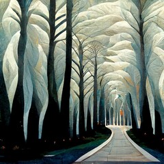Art Nouveau Painting of a Pathway through a Stylized White Forest. Cobblestone, Birch Trees, Art Deco.(3D Digital Illustration, Fantasy Sci-Fi Background, Holiday Greeting Card, Invitation, Postcard.)