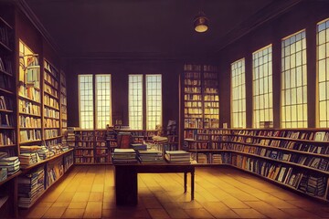 Interior View of a Cozy Bookshop. Store, Bookshelves, Table, Shopkeeper, Warm Light, Windows. (3D Digital Illustration, Fantasy Sci-Fi Background, Holiday Greeting Card, Invitation, Postcard.)