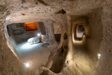 interior of an underground ancient city in Turkey in the Cappadocia region.