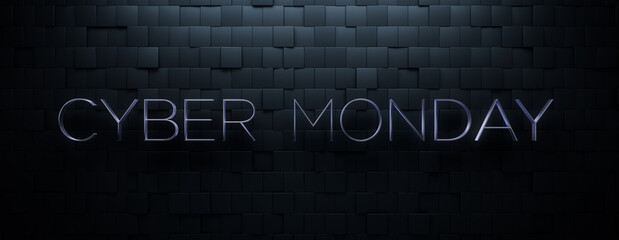Luxury Banner with Thin, Shiny 3D Typography on Offset Square tiles. Cyber Monday Background with copy-space.