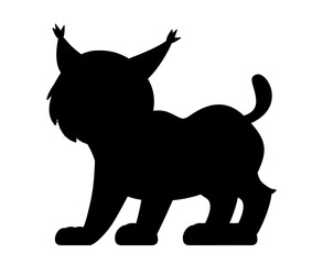 Dark silhouette of baby lynx. Little predator, shadow of dangerous African animal. Symbol of savannah, tropics and exotics. Sticker for social networks and messengers. Cartoon flat vector illustration