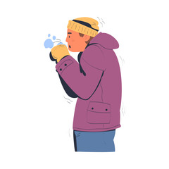 Side view of young man freezing wearing warm clothes. Man warming hands during winter or autumn season cartoon vector illustration