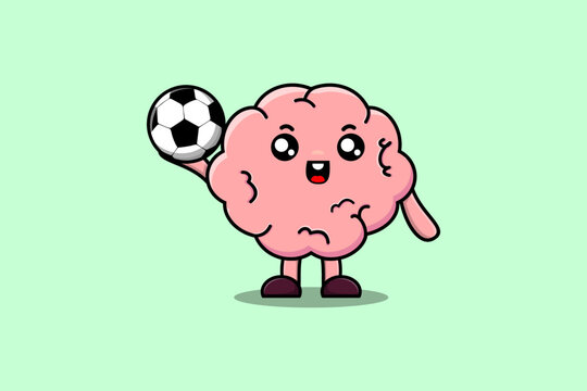 Cute cartoon Brain character playing football in flat cartoon style illustration