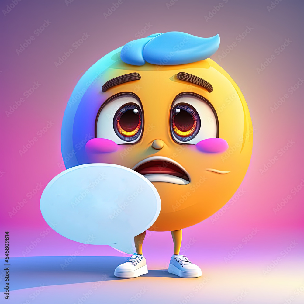 Poster 3d Rendering Sad Character Emoticon Expression saying Sorry with Colorful Speech Bubble.