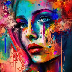 Fototapeta na wymiar Her World series. Backdrop of female portrait fused with vibrant paint on the subject of feelings, emotions, inner world, creativity and imagination