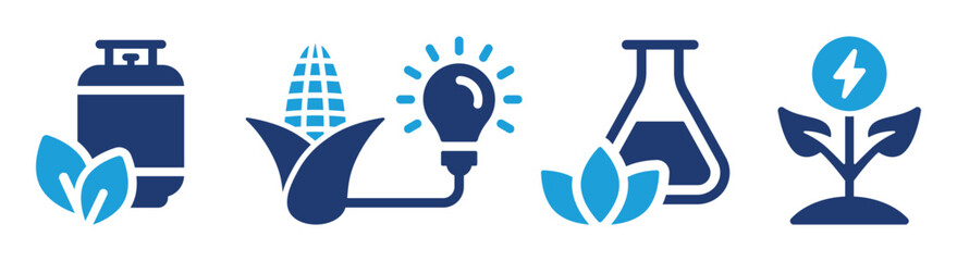 Biomass energy icon set. Containing biogas, plant power, biofuel icons. Environmental resource vector illustration.