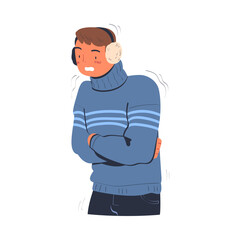 Man wearing knitted sweater and earmuffs feeling freeze and shivering cartoon vector illustration