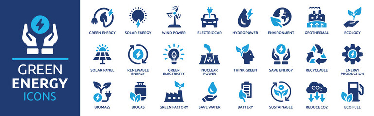 Green energy icon set. Collection of renewable energy, ecology and green electricity icons. Vector illustration. - obrazy, fototapety, plakaty